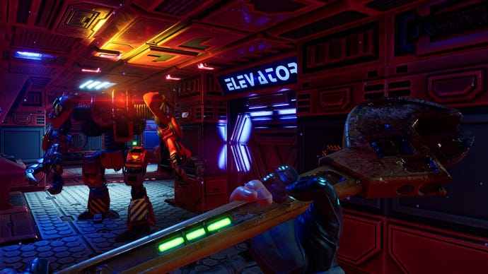 The hacker wields a big hammer and goes toe to toe with a large robot in the System Shock remake.