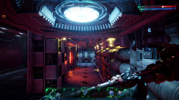 Looking down a space station hallway in the System Shock remake. You hold a chunky lead pipe; you have a feeling you'll need it.
