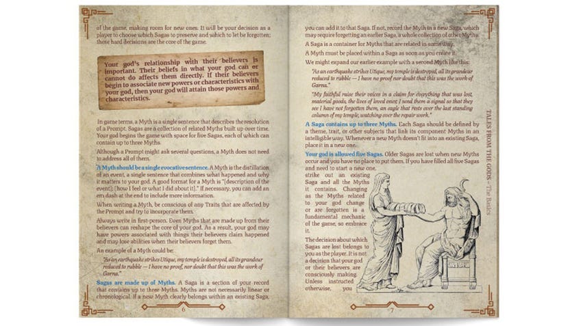 Tales from the God layout image - showing a page of the RPG rulebook about become a god.