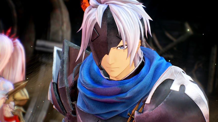 An image from Tales Of Arise which shows Alphen, a swordsman clad in armour with white hair, an eye patch, and a blue scarf stare intensely at something in front of him.