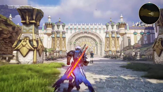 An image from Tales Of Arise which shows Alphen, a swordsman clad in armour with a blue cape and flaming sword on his back, run towards the gates of a huge city of white stone.