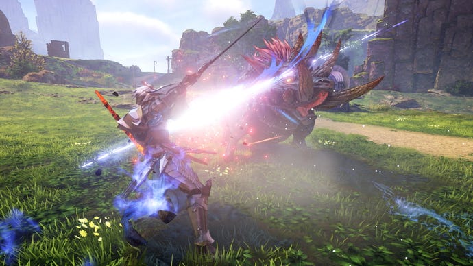 A warrior swings his sword at a beast in Tales Of Arise