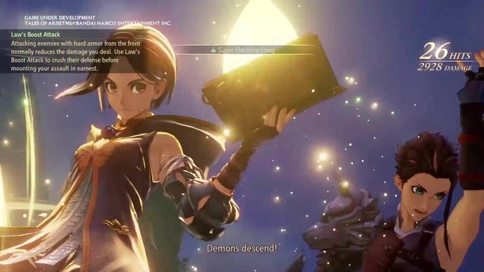 An image from Tales of Arise which shows two characters, a mage and a martial artist, about to pull off a special move called "Demons Descend".