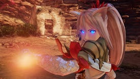 Tales Of Arise - Shionne summoning a flame spell during a fight with her eyes glowing blue (taken with the Unreal Universal Unlocker mod)