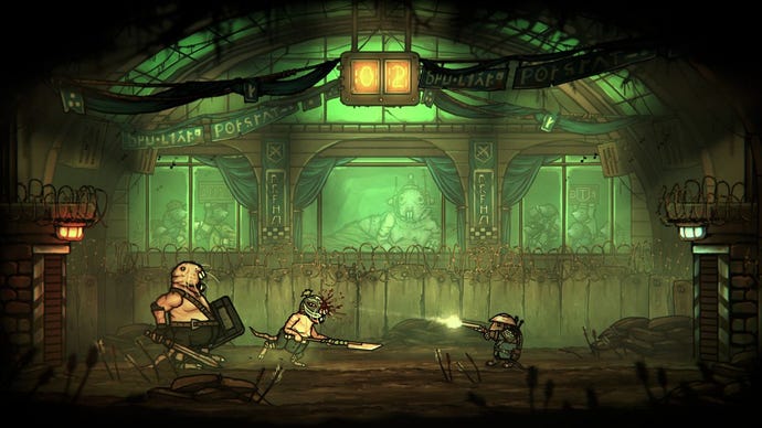 Redgi the rat prince in Tails Of Iron, in some kind of thunderdome situation in a green lit underground arena, facing a giant mole that looks like a heavy mob enemy, and a smaller mole who looks like the wrestler Rey Mysterio, who is running at him with a halberd