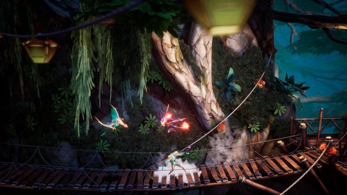 A shaman air dashes over spirit monsters in a forest in Tales Of Kenzera: Zau