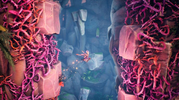 A shaman wall jumps between thorny stone outcrops in Tales Of Kenzera: Zau