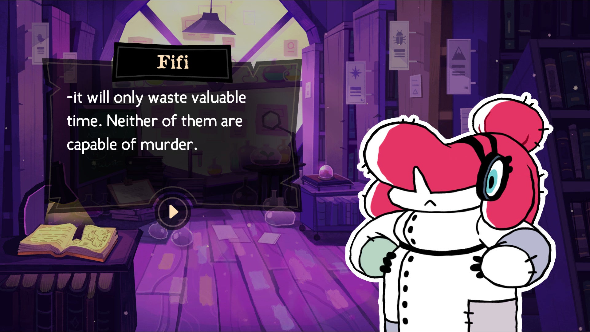 Fifi from Tangle Tower, a short scientist with red hair and goggles the exaggerate her blue eye