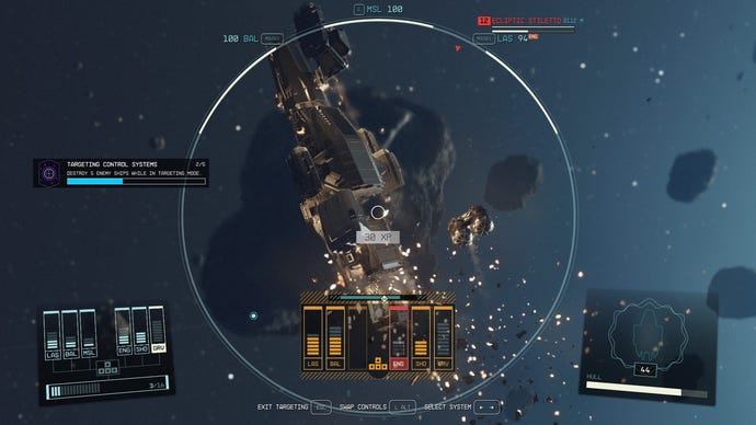 The player targeting a spaceship's systems in Starfield.