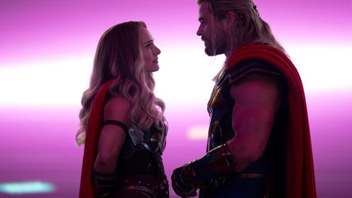 Pink image of Natalie Portman's Jane Foster and Chris Hemsworth's Thor facing each other