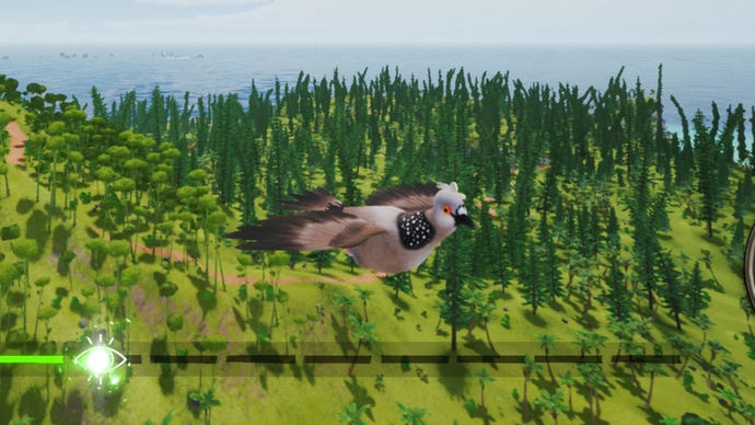 A bird soars above a forest in Tchia.