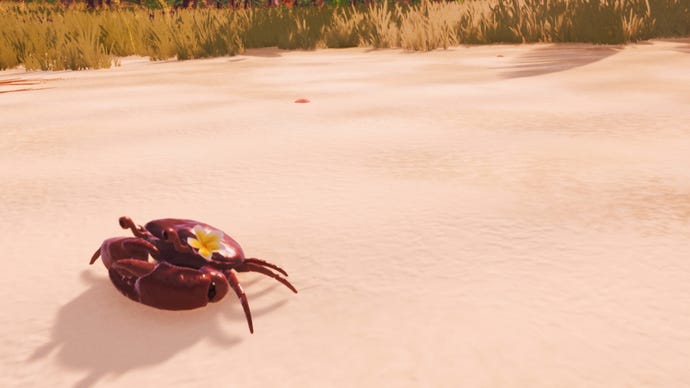 A crab scuttles along a sandy beach in Tchia.