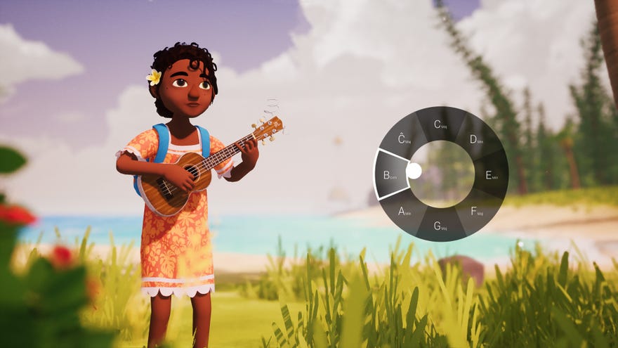 Tchia is playing her ukulele in open-world exploration game Tchia