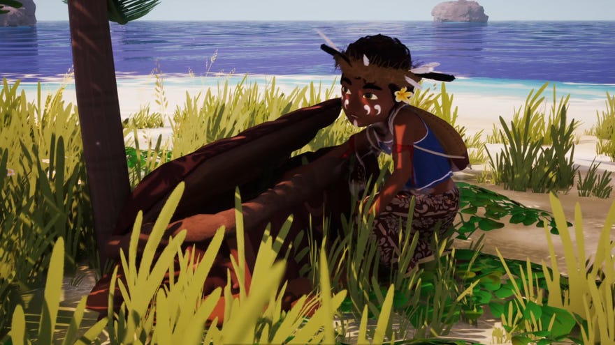 Tchia reaches into a treasure chest at the base of a tree on a grass-covered island in Tchia.