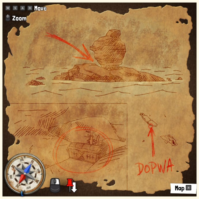 A treasure map in Tchia, marking the location of a Treasure Chest somewhere in the world.