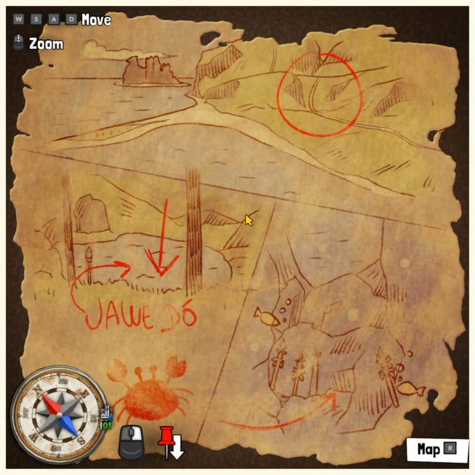 A treasure map in Tchia, marking the location of a Treasure Chest somewhere in the world.