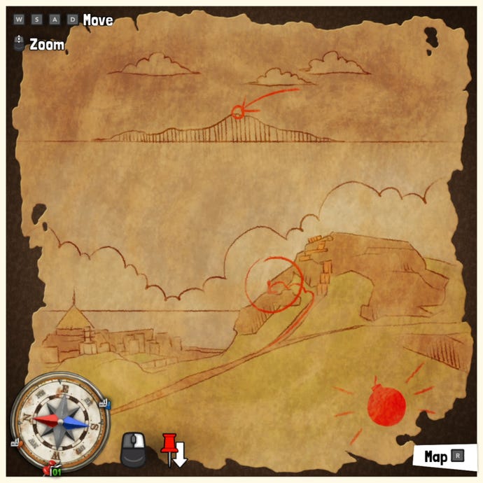 A treasure map in Tchia, marking the location of a Treasure Chest somewhere in the world.