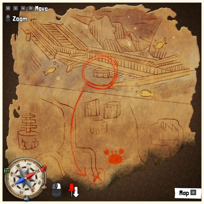 A treasure map in Tchia, marking the location of a Treasure Chest somewhere in the world.