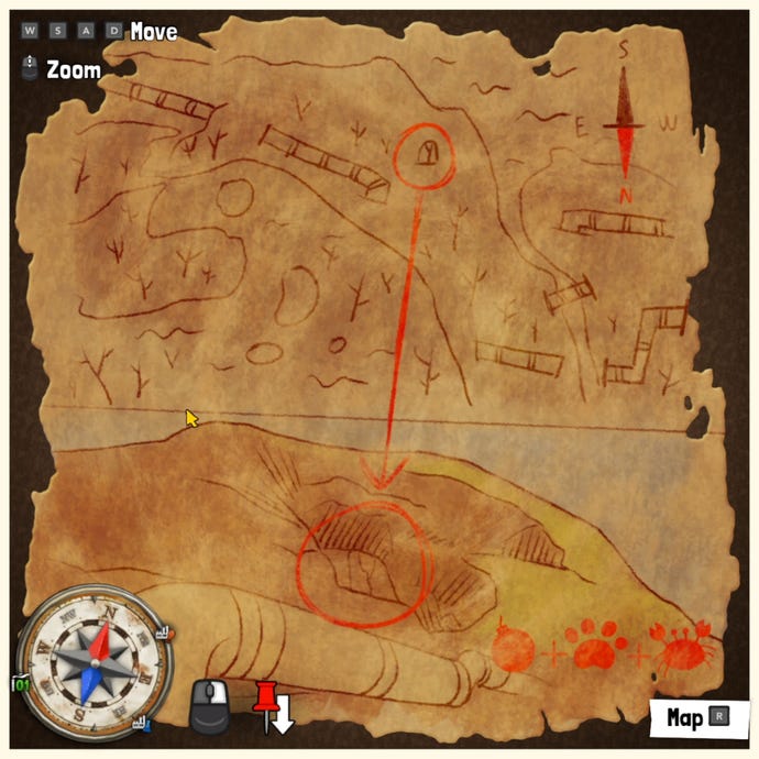 A treasure map in Tchia, marking the location of a Treasure Chest somewhere in the world.