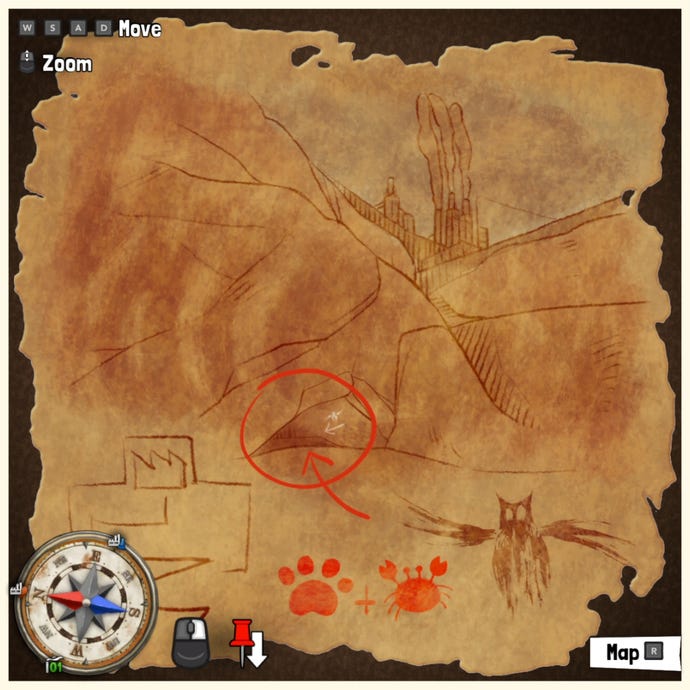 A treasure map in Tchia, marking the location of a Treasure Chest somewhere in the world.