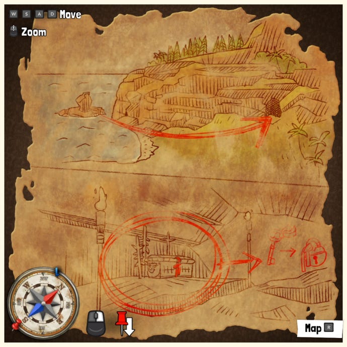 A treasure map in Tchia, marking the location of a Treasure Chest somewhere in the world.