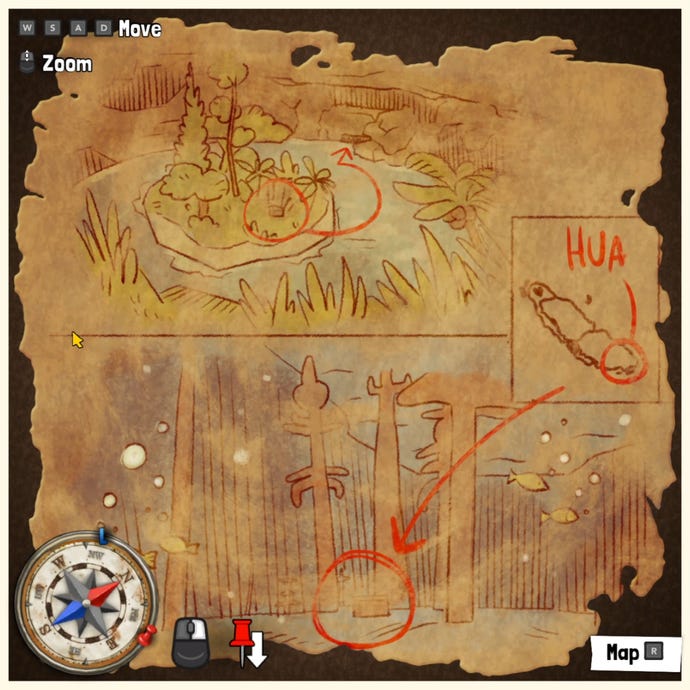 A treasure map in Tchia, marking the location of a Treasure Chest somewhere in the world.