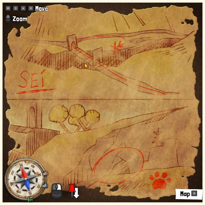 A treasure map in Tchia, marking the location of a Treasure Chest somewhere in the world.