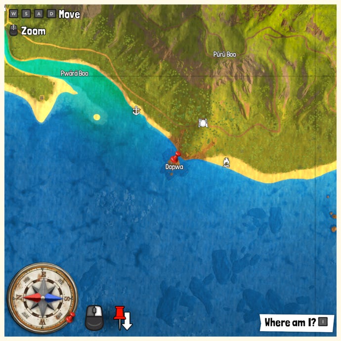 Part of the Tchia map with a pin marking the location of a Treasure Chest.