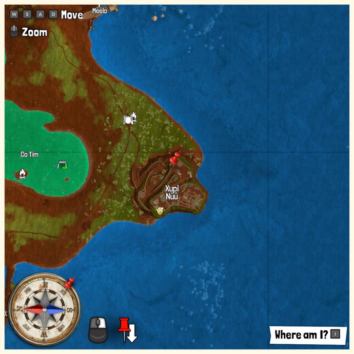 Part of the Tchia map with a pin marking the location of a Treasure Chest.