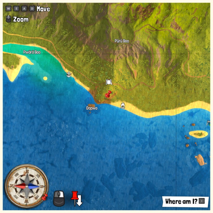 Part of the Tchia map with a pin marking the location of a Treasure Chest.