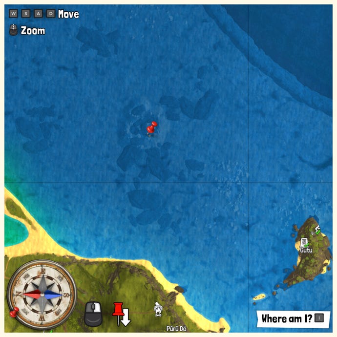 Part of the Tchia map with a pin marking the location of a Treasure Chest.