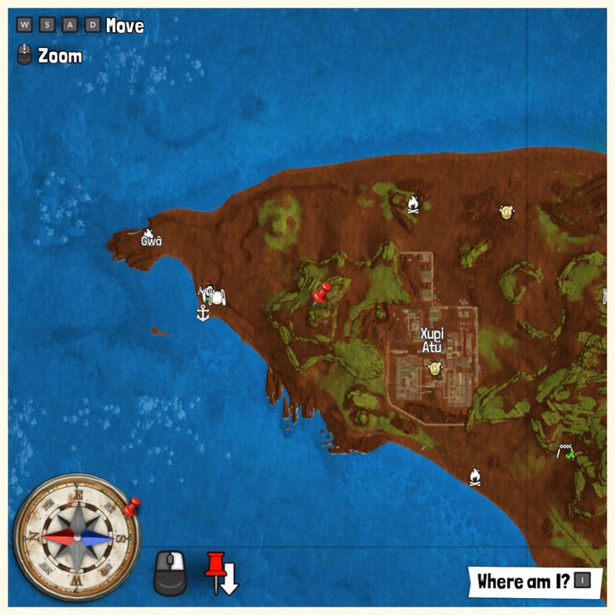 Part of the Tchia map with a pin marking the location of a Treasure Chest.