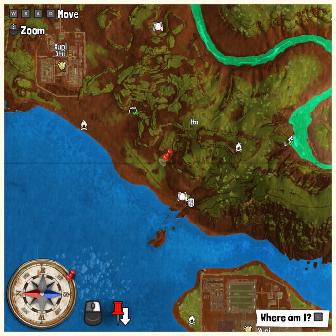 Part of the Tchia map with a pin marking the location of a Treasure Chest.