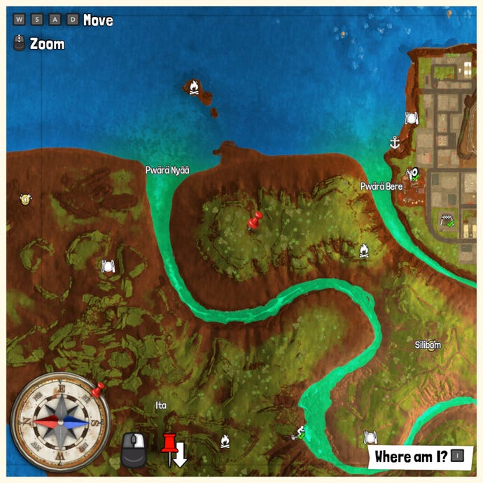 Part of the Tchia map with a pin marking the location of a Treasure Chest.