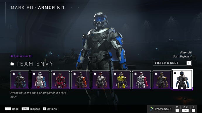 Halo Infinite's Mark VII Armor Core, sporting the Team Envy Armor Kit customisation.