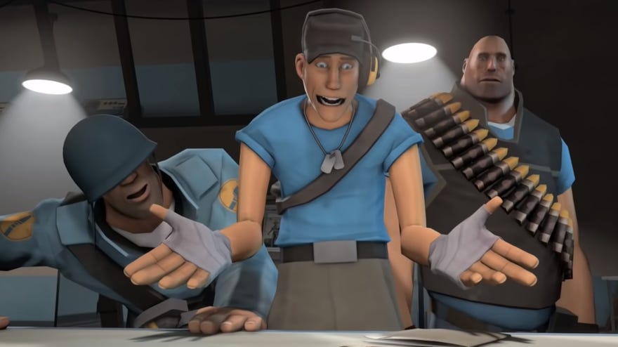 The Soldier, Scout and Heavy look at notes on a table in dismay in Team Fortress 2