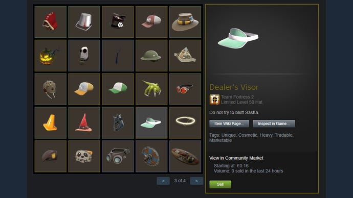 Some of my Team Fortress 2 hats displayed in a grid on Steam.