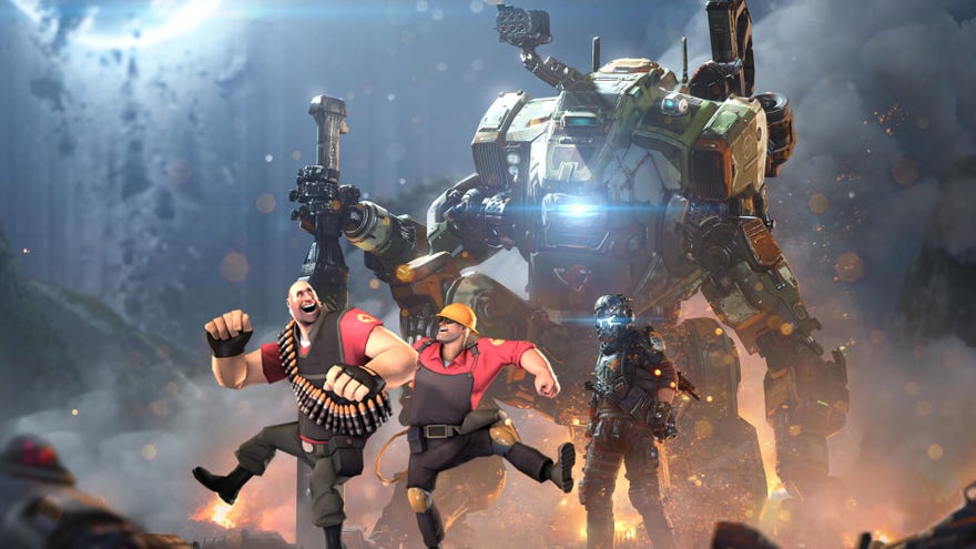 Team Fortress 2's Heavy and Engineer dance before Titanfall 2's stars in a wallpaper mashup.