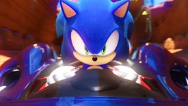 A close-up shot of Sonic the Hedgehog behind the wheel of his kart in Team Sonic Racing