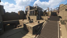 A screenshot of bomb site B from Counter-Strike's de_dust, only recreated in the Teardown engine which makes the entire level destructible.
