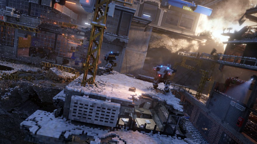 A screenshot of Teardown showing two bipedal robots standing in the ruins of an industrial factory.