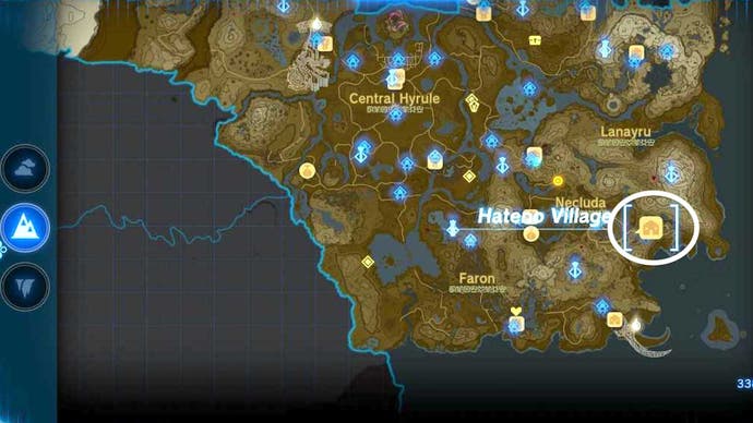 Map showing the Hateno Village location in The Legend of Zelda: Tears of the Kingdom.