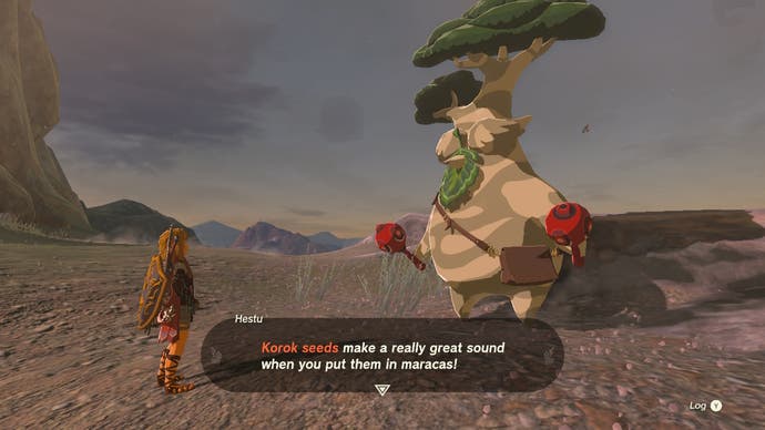 Link talking to Hestu about Korok seeds in The Legend of Zelda: Tears of the Kingdom.