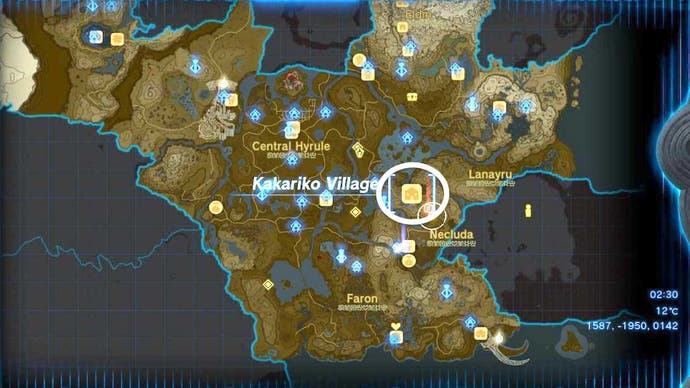Map showing the location of Kakariko Village in The Legend of Zelda: Tears of the Kingdom.