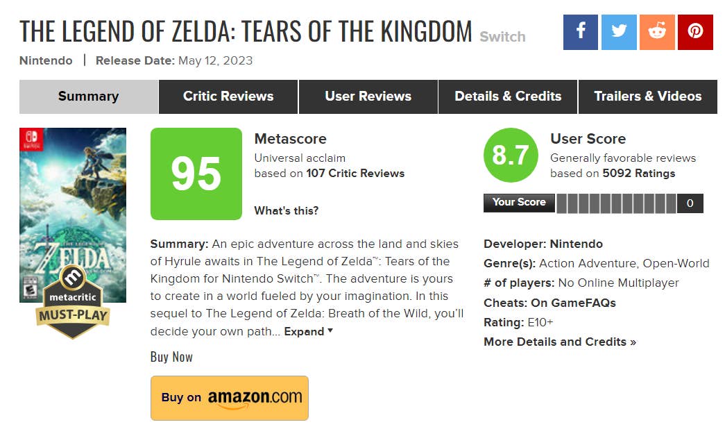 Zelda: Tears of the Kingdom desceu para 95 no Metacritic