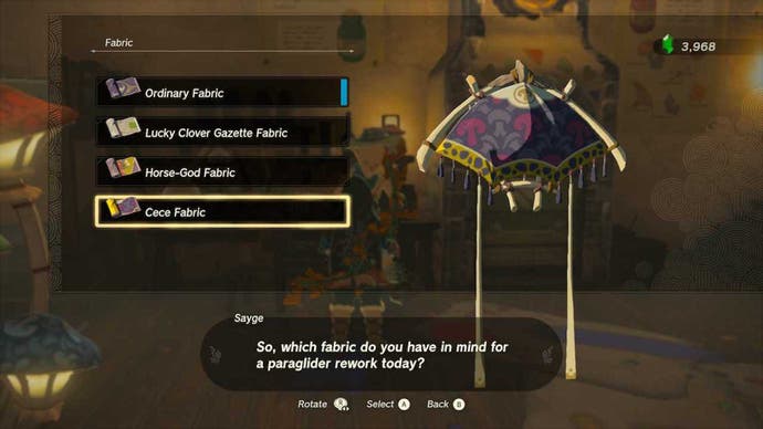 Link changing the design of his Paraglider at the Kochi Dye shop in Tears of the Kingdom's Hateno Village.