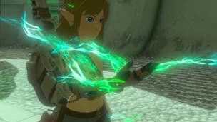 Tears of the Kingdom Shrine Sensor: An anime man with shoulder-length blonde hair and a green right arm is holding that right arm out. Green and white light surrounds it