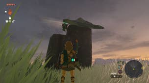 How to use Tears of the Kingdom Wing: An anime man with shoulder-length blonde hair, wearing a green tunic and brown skirt, is staring at a triangular flying device caught on some rocks