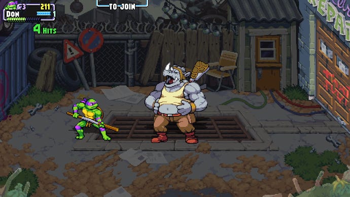Donatello faces a laughing Rocksteady in Teenage Mutant Ninja Turtles: Shredder's Revenge