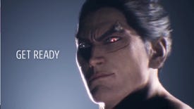 Tekken's Kazuya Mishima looking at the camera with a glowing red eye underlined by a scar. The text on his left says "GET READY".